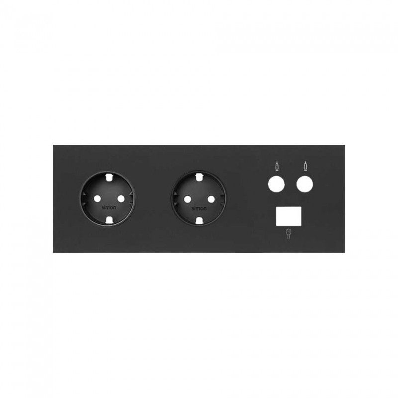 Simon 100 | Kit avant à 3 éléments avec 2 fiches schuko et 1 prise R-TV + SAT avec 1 connecteur RJ45 noir mat 10020303-238