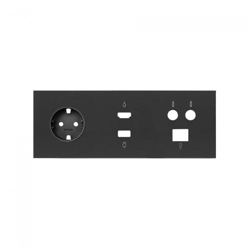 Simon 100 | Kit frontale 3 elementi con 1 spina schuko, 1 connettore HDMI + USB e 1 presa R-TV + SAR solo nero opaco 10020304-23
