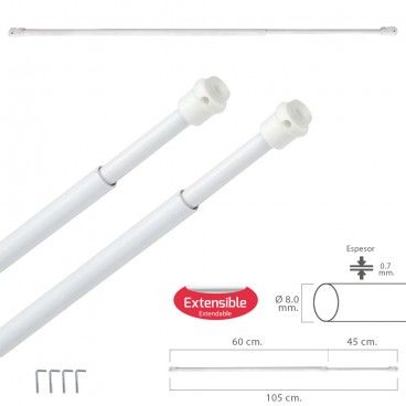 Barra Visillo Extensible 60/105 cm. con Muelle Presion, Soportes y Ventosas (2 Piezas)