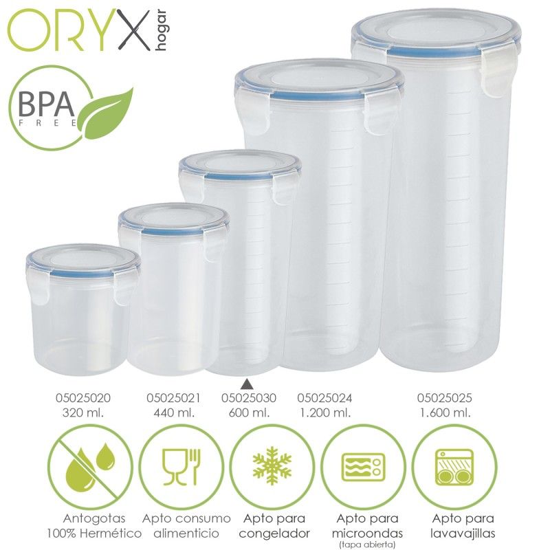 Vaso Recipiente Hermetico Medidor Plastico Redondo 600 ml. Ø 9x18.5 (Alt.) cm.