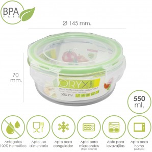 Recipiente Hermetico Cristal Redondo 550 ml. Ø 145 x 7 (alt) cm.