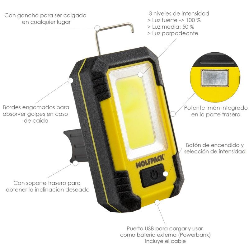 Linterna Led Recargable Con Iman y Gancho 500 Lumenes Recargable / Powerbank