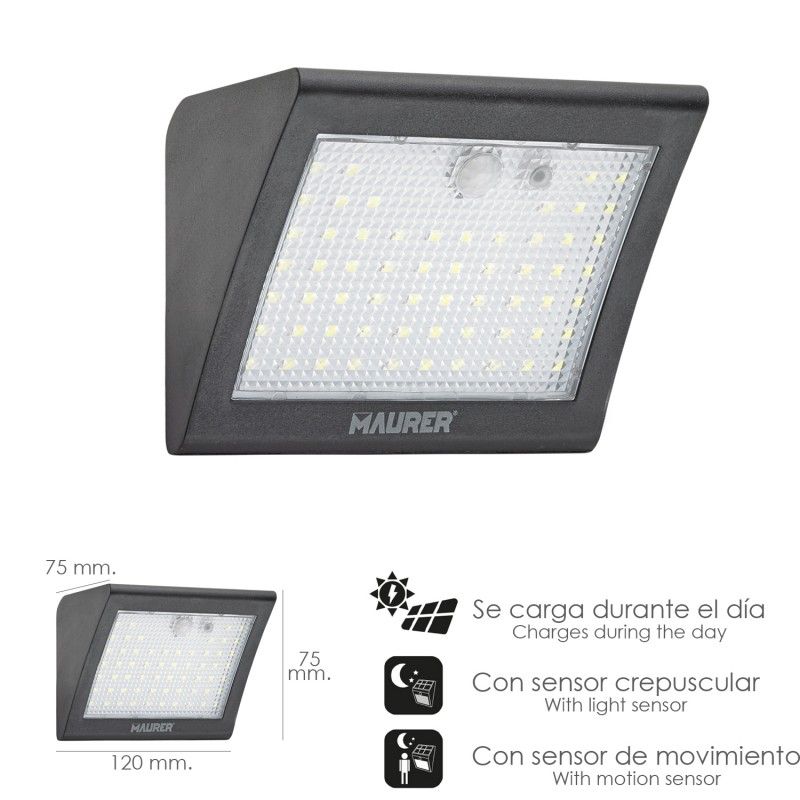Aplique solar de parede LED 250 lúmens com sensor de movimento e crepúsculo IP65
