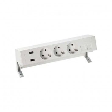 Kit de sobre mesa completo Simon 400 con cargador 2xUSB, 3 schukos y placa para 2 conectores RJ45 blanco SIMON 42523020-130
