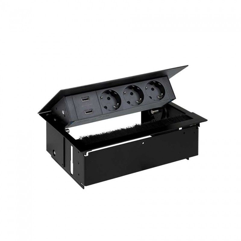 Kit personalizável dentro da mesa com tampa e escova, carregador 2xUSB e 3 plugues pretos SIMON 44423000-138