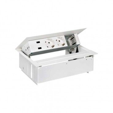 Kit dentro de mesa branca personalizável 2xUSB 2 schukos e 1 elemento vazio com tampa e carregador fin SIMON 45422000-130
