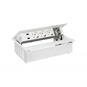 Kit dentro mesa personalizable blanco 2xUSB 3 schukos y 1 elemento vacío Simon 400 con tapa y aleta cargador SIMON 45523000-130