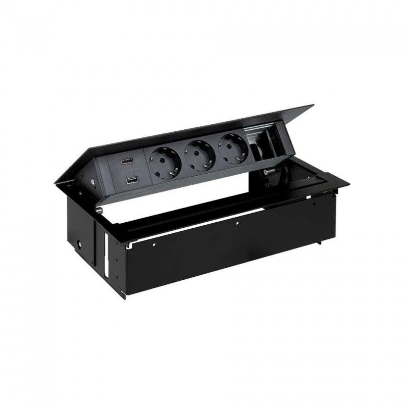 Kit dentro mesa personalizable negro Simon 400 con tapa y aleta cargador 2xUSB 3 schukos y 1 elemento vacío SIMON 45523000-138