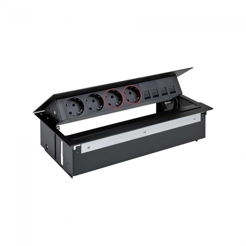 Kit dentro mesa completo negro 2 bases de enchufe schuko 2 bases SAI placa para 4 conectores RJ45 Simon 400 con tapa aleta metál