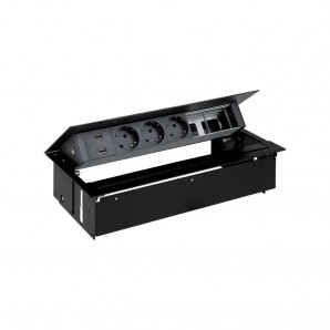 Kit dentro mesa personalizable negro Simon 400 con tapa y aleta cargador 2xUSB 3 schukos y 2 elementos vacíos SIMON 45623000-138