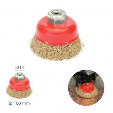 Cepillo Taza Con Alambre De Acero Latonado Rosca M14, Ø 100 mm. Alambre de Ø 0,30 mm. AFT 09101005