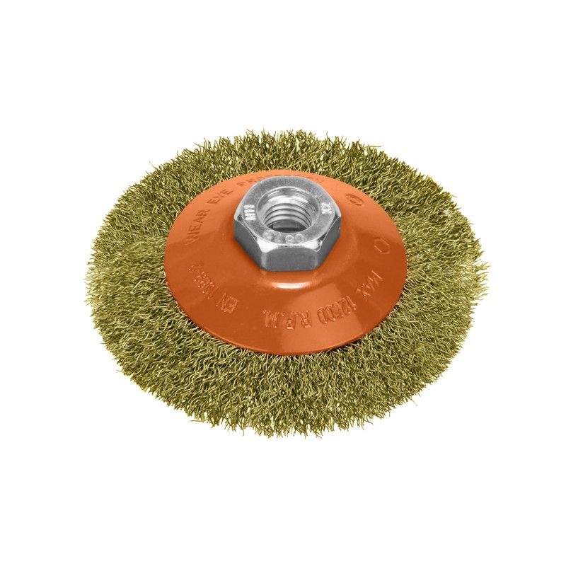 Cepillo Oblicuo Con Alambre De Acero Latonado Rosca M14, Ø 100 mm. Alambre de Ø 0,30 mm. AFT 09101025