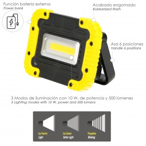 Linterna de Trabajo Led  Multifunción Recargable 2.000 mAh. / 10 W. / 500 Lúmenes / 4 Imanes / Bateria Externa / Soporte 180º AF 2