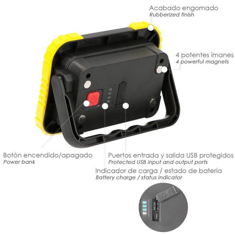Linterna de Trabajo Led  Multifunción Recargable 2.000 mAh. / 10 W. / 500 Lúmenes / 4 Imanes / Bateria Externa / Soporte 180º AF