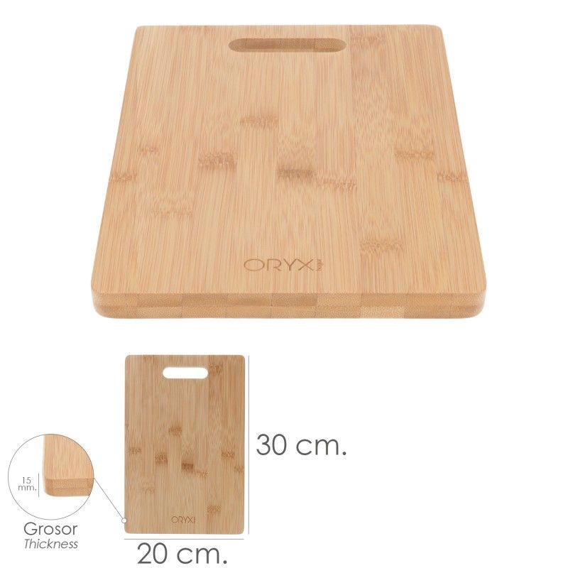 Tábua de cozinha em madeira de bambu com alça 30 x 20 cm.