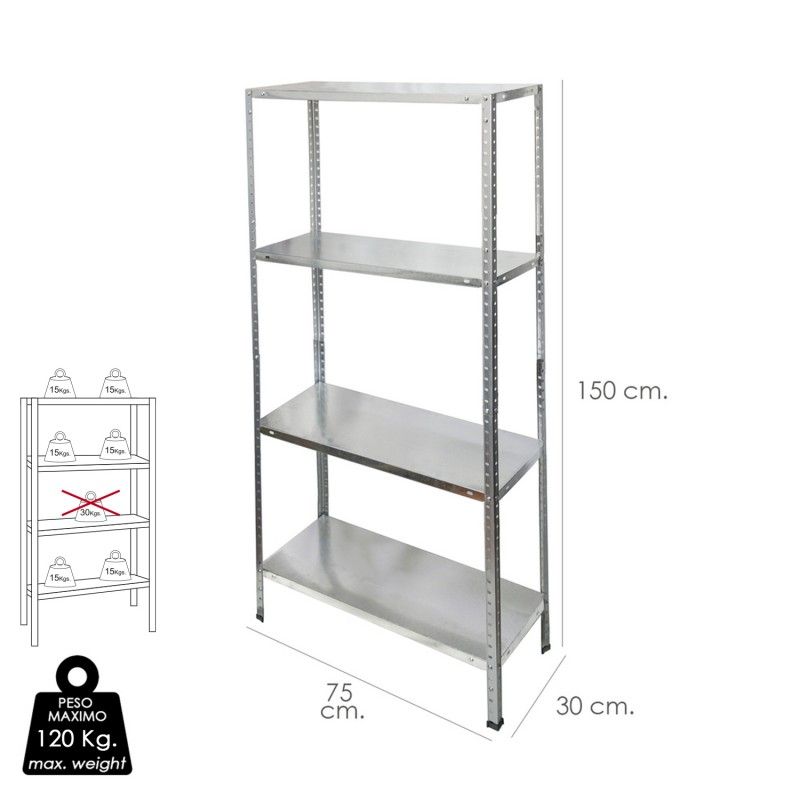 Módulo de Estante Galvanizado com 4 Prateleiras 150x75x30 cm.
