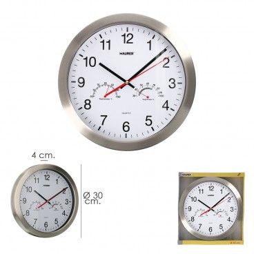 Relógio de parede Ø 30 cm. Frente de aço com higrômetro e termômetro.
