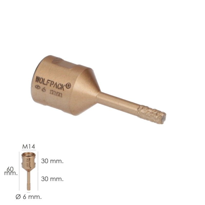 Coroa de diamante M14 Ø 6 mm. Corte Seco