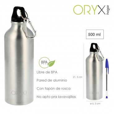 Garrafa de água em alumínio com mosquetão 500 ml.