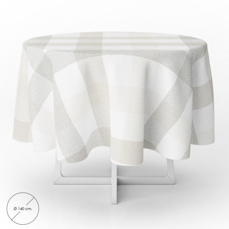 Toalha de Mesa Redonda Antimanchas em Oleado Ø 140 cm. Xadrez Bege