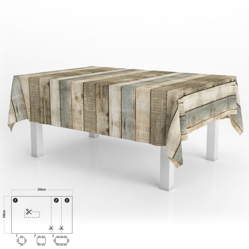 Toalha de Mesa Retangular Antimanchas em Oleado 140 x 250 cm. Placas de madeira