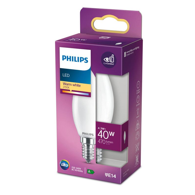 BOMBILLA VELA LED E14 4,3W 470Lm 2.700K LUZ CALIDA PHILIPS