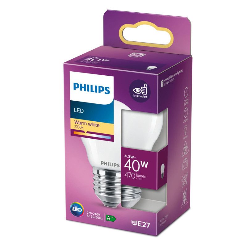 BOMBILLA ESFERICA LED E27 4,3W 470Lm 2.700k LUZ CALIDA PHILIPS