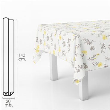 Rolo de Toalha de Mesa Antimanchas Oleado 140 cm. x 20 metros. Flores amarelas