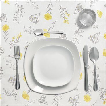 Rolo de Toalha de Mesa Antimanchas Oleado 140 cm. x 20 metros. Flores amarelas