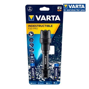 LINTERNA INDESTRUCTIBLE F20 PRO VARTA . 6 WAT 350Lm, DURACION HASTA 55 HORAS, RANGO DE FOCO HASTA 140MTS, FUNCIONA CON 2 PILAS A