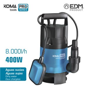 BOMBA 400W AGUA SUCIA KOMA TOOLS  MAX. CAUDAL 8.000L/HORA, ALTURA MAXIMA 5MTS, PROFUNDIDAD DE ASPIRACION MAXIMA: 7MTS,10MTS DE C 2
