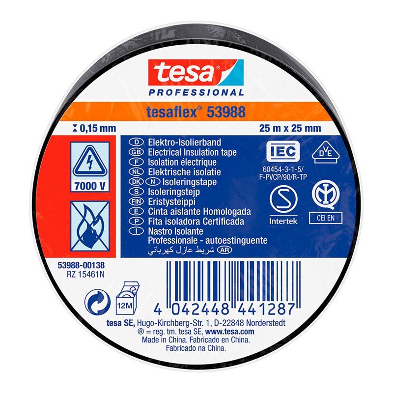 CINTA AISLANTE HOMOLOGADA 25M X 25MM NEGRO 53988 TESA