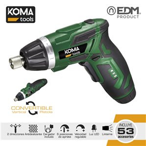 ATORNILLADOR 3,6V CON 53 ACCESORIOS KOMA TOOLS. CONVERTIBLE VERTICAL/PISTOLA. DOS DIRECCIONES DE GIRO. ANTIDESLIZANTE. CARGADOR  2