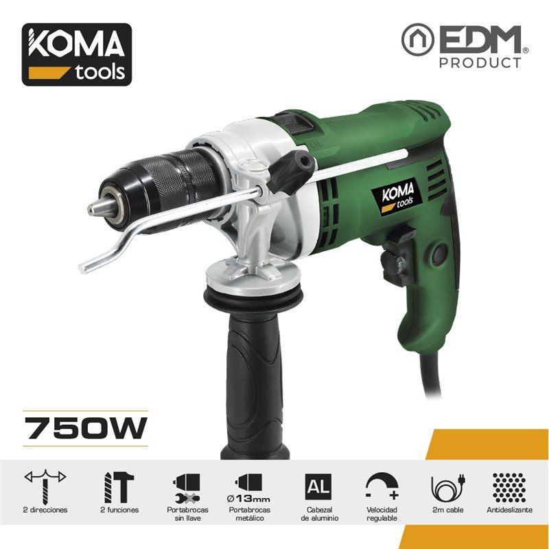 TALADRO PERCUTOR 750W KOMA TOOLS. CON CONTROL DE POTENCIA, PORTABROCAS AUTOMATICO DE Ø 13mm, MANGO ERGONOMICO DE TACTO SUAVE, MA