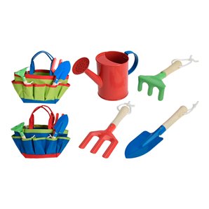 SET 5 HERRAMIENTAS DE JARDINERÍA PARA NIÑOS. INCLUYE REGADERA, 2 RASTRILLOS, PALA Y BOLSA.
