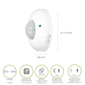 Detector De Movimiento Por Infrarrojos Con Sensor Crepuscular 360°. Ajustable 2