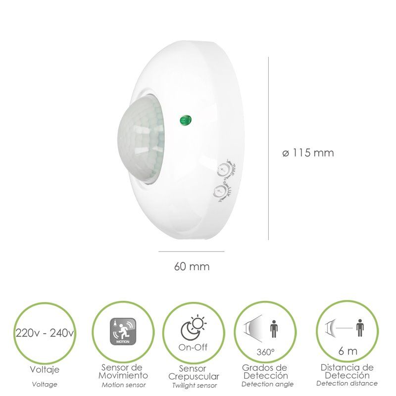 Detector de movimento infravermelho com sensor crepuscular 360°. Ajustável