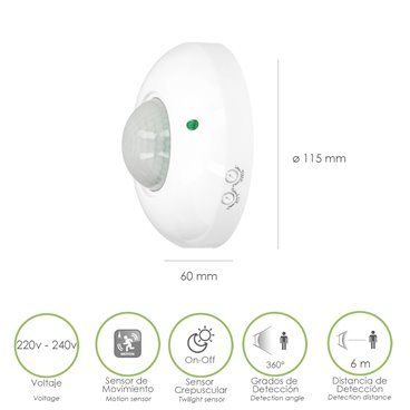 Detector de movimento infravermelho com sensor crepuscular 360°. Ajustável