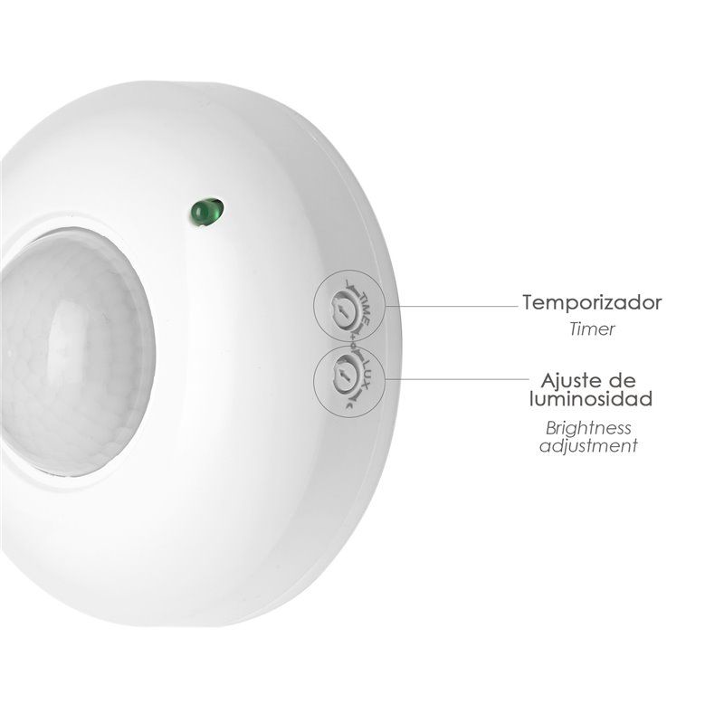 Detector de movimento infravermelho com sensor crepuscular 360°. Ajustável