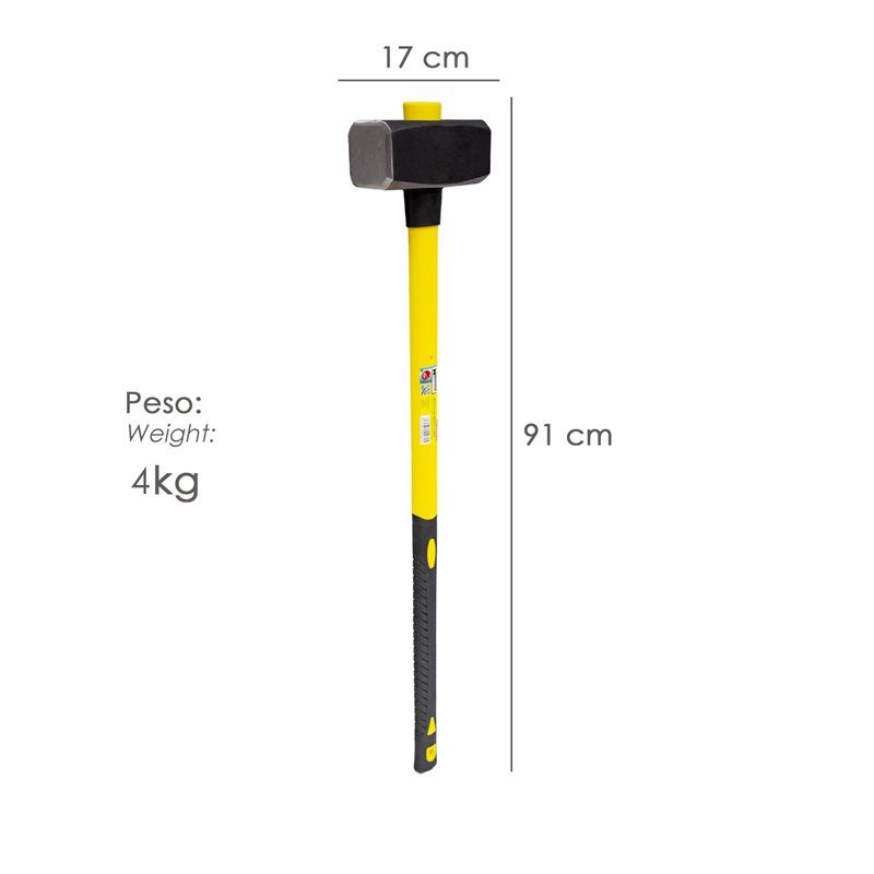Maza Con Mango Fibra Vidrio 4 Kg. Cabeza Forjada, Con Anillo Anti Vibración, Maza / Porro