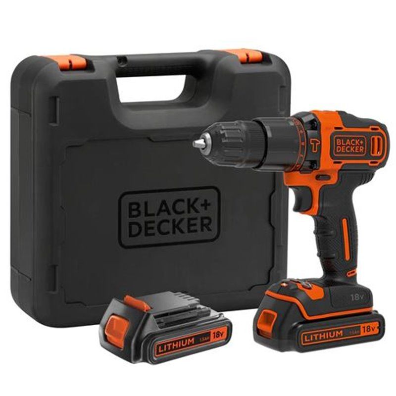  TALADRO PERCUTOR 18V  BLACK+DECKER. PORTABROCAS 10MM, 0-360/ 1400 RPM. 21.000 IPM. INCLUYE 2 BATERÍAS 1,5AH DE LITIO. CARGADOR 
