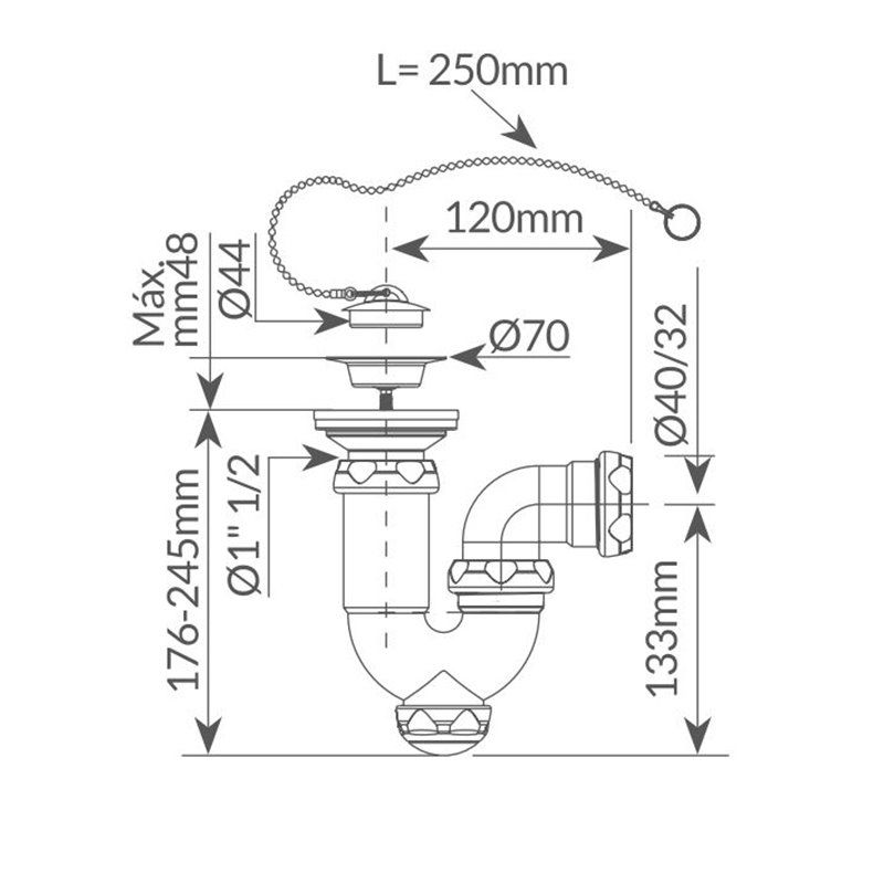 Sifón curvo extensible salida Ø40mm reductora Ø32mm válvula lavabo - bidet