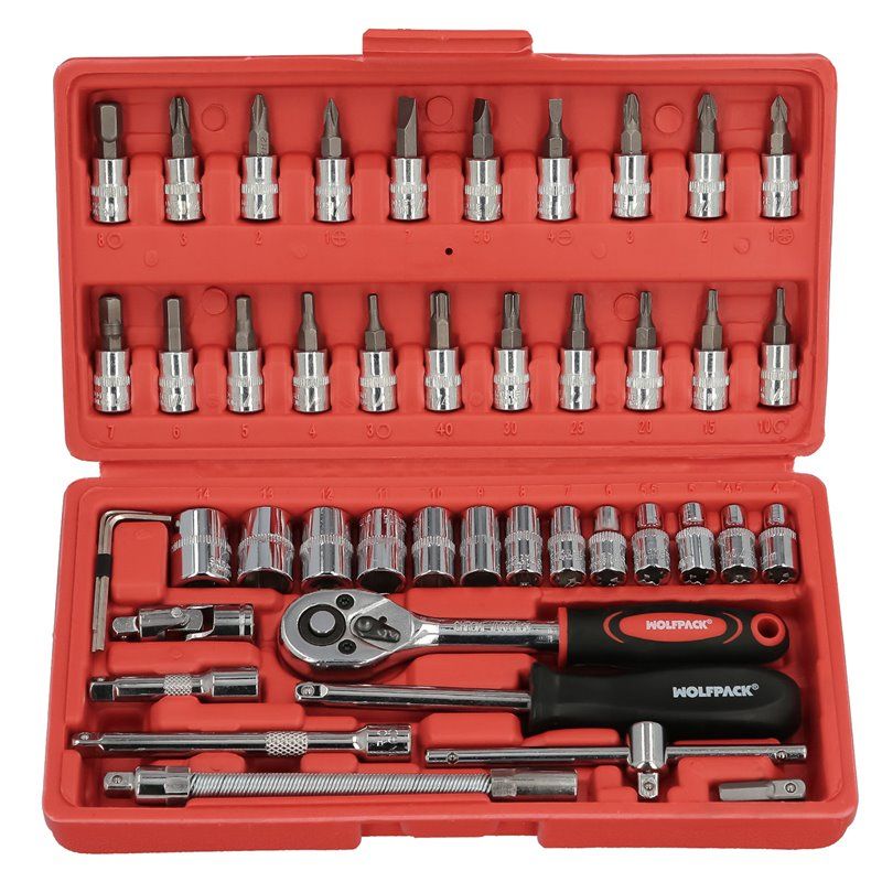 Conjunto de soquetes e bits 1/4" 46 peças