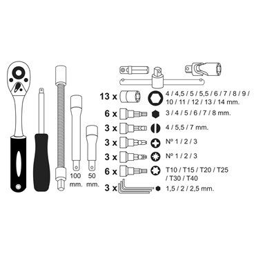 Juego Llaves De Vaso y Puntas 1/4" 46 Piezas. Con Apadtador. Cromo Vanadio, Kit Llave Combinada, Kit Carraca, Juego Llaves Vaso