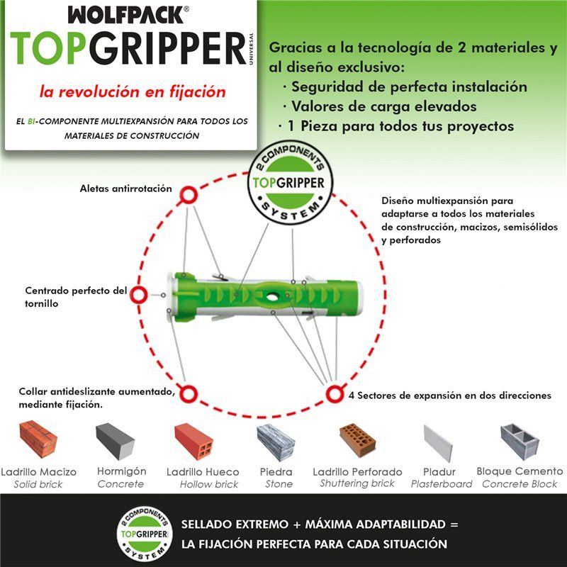 Taco Topgripper Bimaterial Ø 6 mm. (Caja 150 unidades) Taco Anclaje Universal, Taco Hormigon, Taco Pladur, Taco Ladrillo