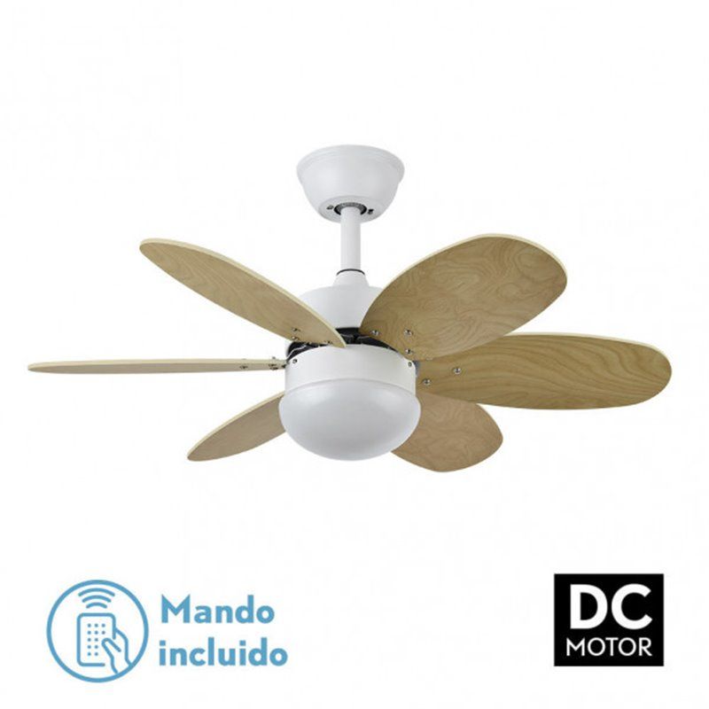 Ventilador Dc Alves 2xe27 Blanco Con 6 Aspas Rev. Blanco/haya 41x85d  C/ Remoto Y Temporizador