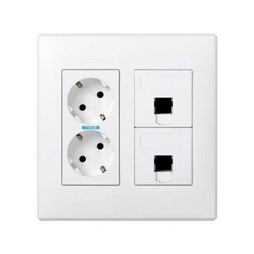 Kit caja pared de superficie o empotrar para 2 elementos dobles con 1 enchufe doble y 2 placas 1 RJ45 3M® blanco