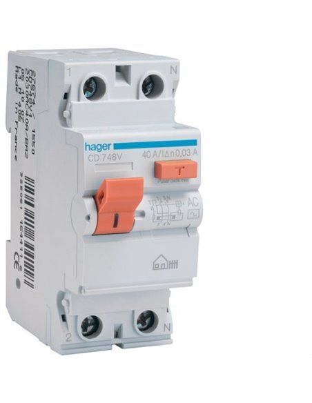 Interrupteur différentiel 2P 40A 30 mA CA BOITIER Hager CD748V