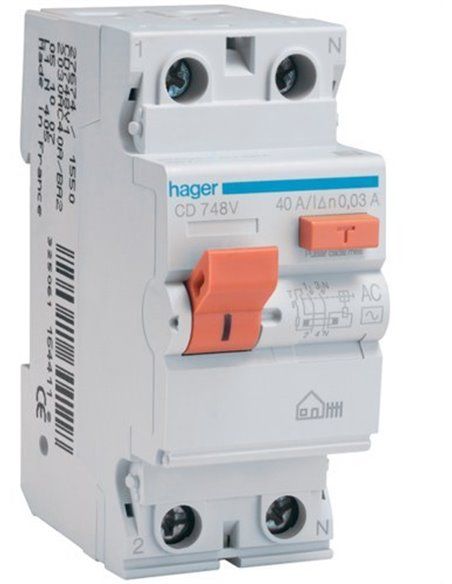Interrupteur différentiel 2P 25A 30 mA CA BOITIER Hager CD728V