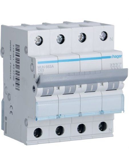 HAGER MUN663A | Interruptor automático 3P+N 63A Curva C 6kA